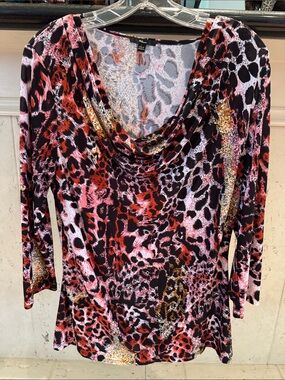 Melani Pink Red Black Animal Print Cowl Neck 3/4 Sleeve Top - Size L